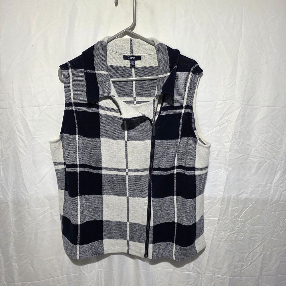 Chaps Womens 1X Navy Blue White Plaid Asymmetrical Side Zip Sweater Vest Knit